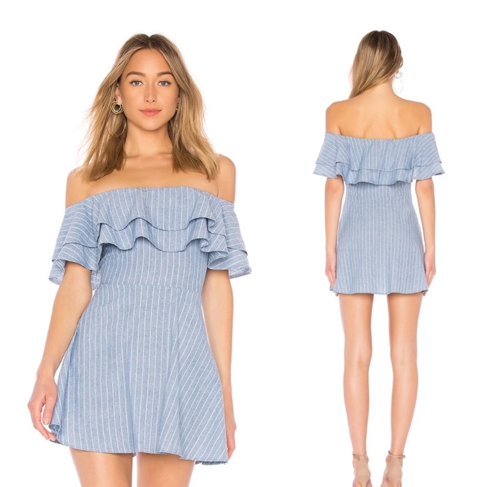 Revolve By The Way. Bridget Ruffle Dress in Blue Stripe